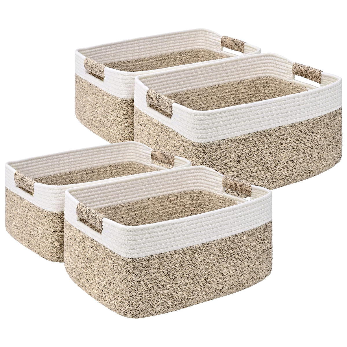 2 Pack Large Storage Basket for Organizing, 17.5"x13"x7" Woven Basket for Shelves, Closet Cube Storage Bins with Wrapped Handle, Cotton Rope Baskets for Kitchen, Clothes, Toys(Off White & Brown)
