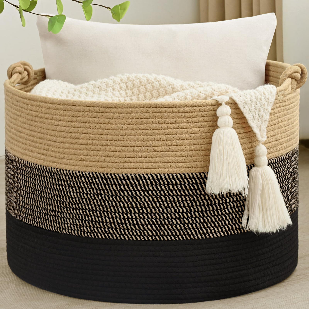 45L Blanket Basket, 17.5"x11.5" Woven Storage Baskets With Handle, Cotton Rope Blanket Basket Living Room, Baby Laundry Basket for Blanket, Nursery, Toy, Pillow (White & Brown)