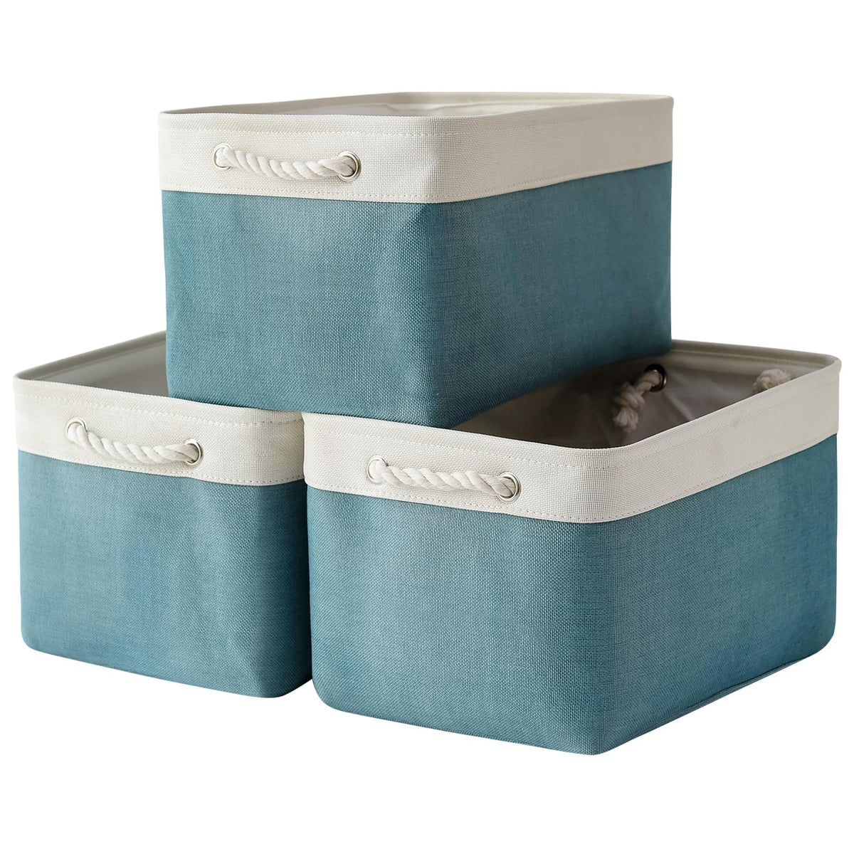 TheWarmHome Storage Basket for Organizing - 14x10x7 inch Medium 3 Pack Collapsible Storage Bin for Shelves with Handles, Canves Storage Box for Organizer Cubes Cloth Gift Toy Closet (White & Khaki)