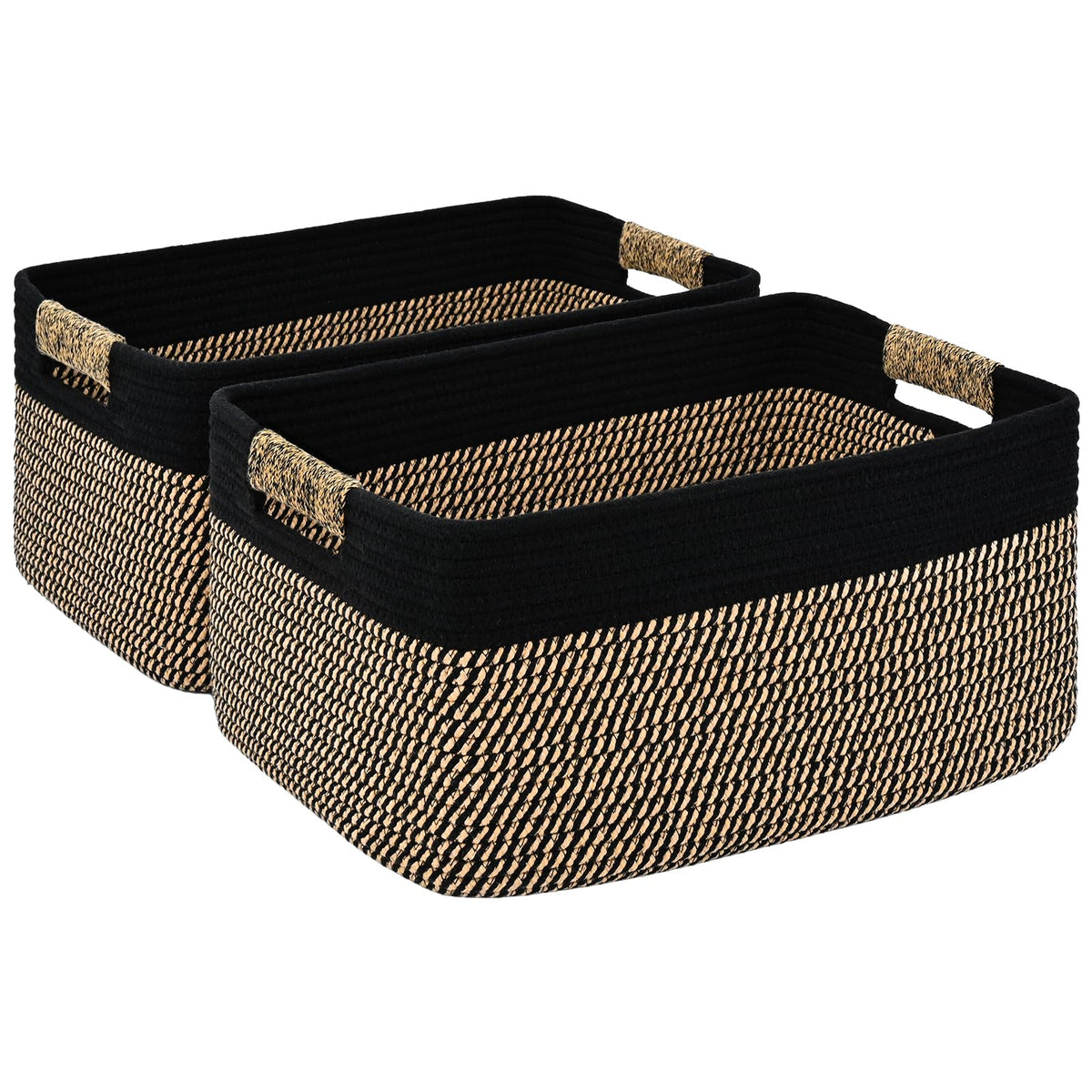 2 Pack Large Storage Basket for Organizing, 17.5"x13"x7" Woven Basket for Shelves, Closet Cube Storage Bins with Wrapped Handle, Cotton Rope Baskets for Kitchen, Clothes, Toys(Off White & Brown)