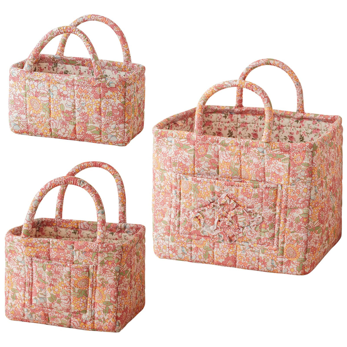 vctops 3 Packs Boho Quilted Storage Basket for Organizing, Floral Basket Organizer Gift Baskets with Handles, Storage Bins for Toys, Books, Towels, and Clothes, Collapsible Fabric(Pattern C)