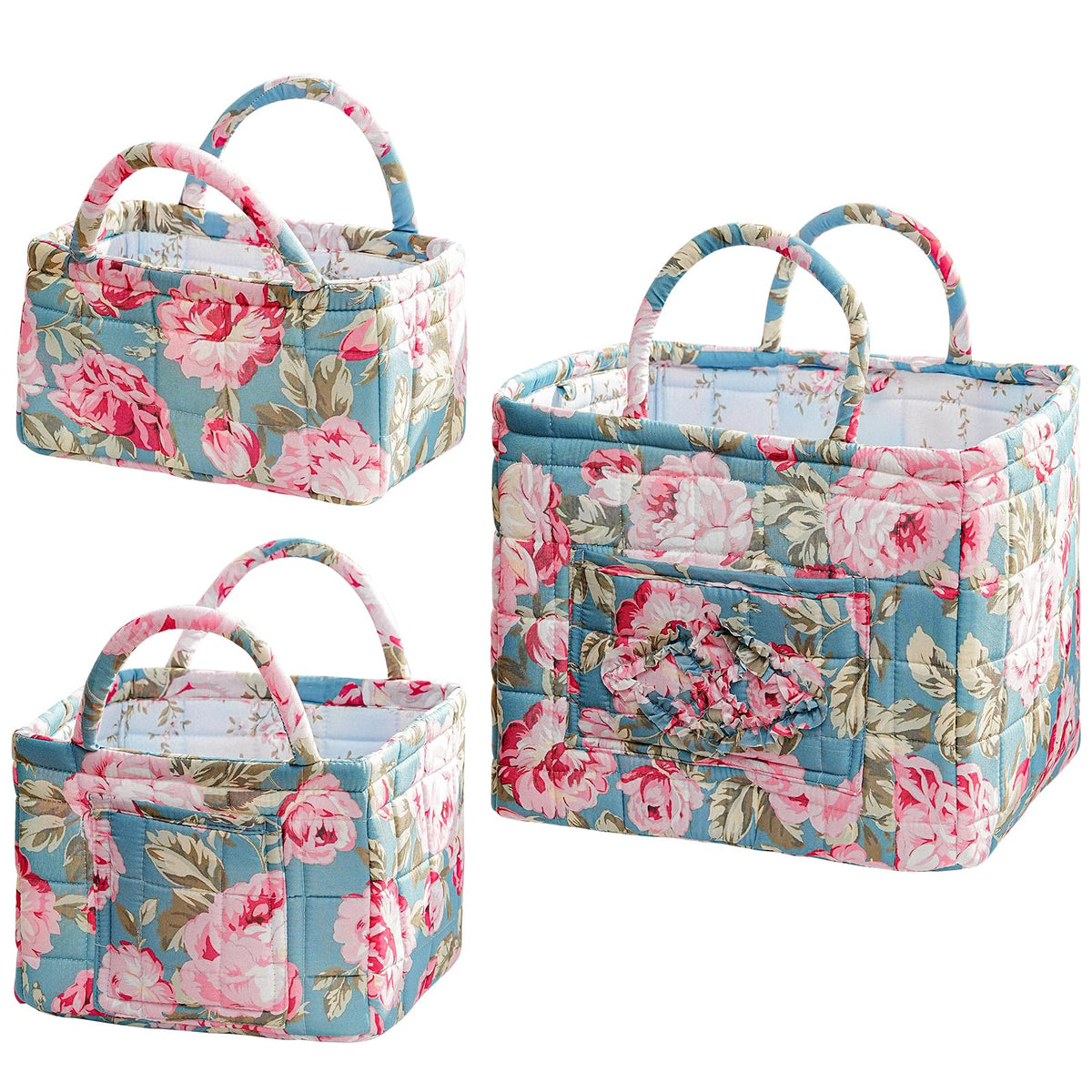 vctops 3 Packs Boho Quilted Storage Basket for Organizing, Floral Basket Organizer Gift Baskets with Handles, Storage Bins for Toys, Books, Towels, and Clothes, Collapsible Fabric(Pattern C)