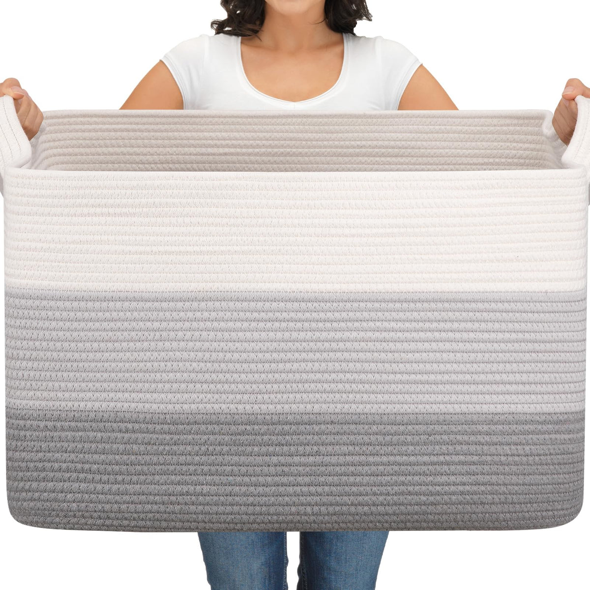 OIAHOMY Extra Large Blanket Basket, 110L Cotton Rope Woven Laundry Basket, Toy Bin for Baby Room, Container for Blanket Storage in Living Room, 24.8''×17.3''×15.8'', Gradient Grey