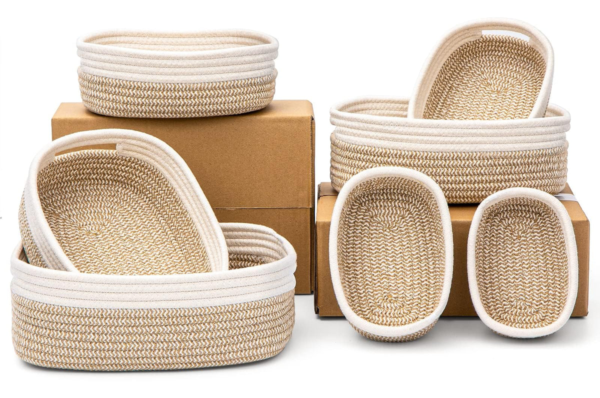 7 Piece Cotton Rope Woven Basket Set - Small Basket for Baby Nursery, Pets, Montessori, Dog & Cat Toy Boxes, Bathroom Organization Bins (White/Gray)