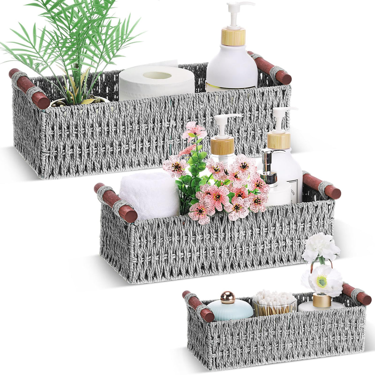 Boao 3 Pcs Boho Storage Wicker Baskets Handmade Woven Decorative Paper Rope Baskets for Organizing with Handle Countertop Toilet Paper Storage Container for Toilet Tank Top