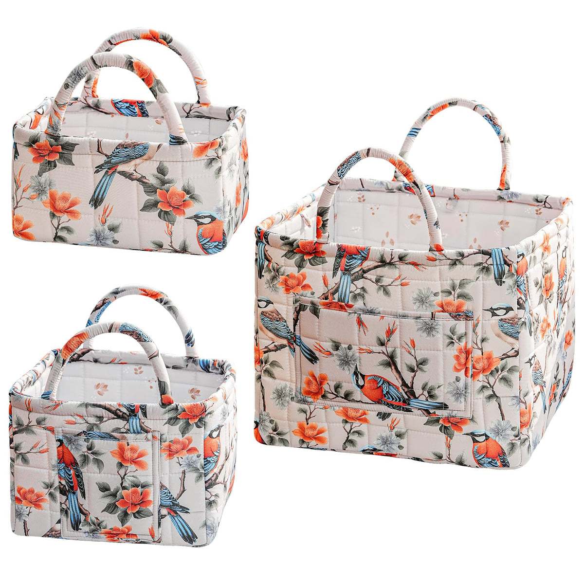 vctops 3 Packs Boho Quilted Storage Basket for Organizing, Floral Basket Organizer Gift Baskets with Handles, Storage Bins for Toys, Books, Towels, and Clothes, Collapsible Fabric(Pattern C)