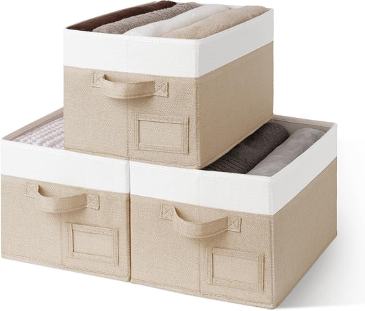 GRANNY SAYS Closet Shelf Baskets with Label, Khaki&Ivory, Large, 3-Pack