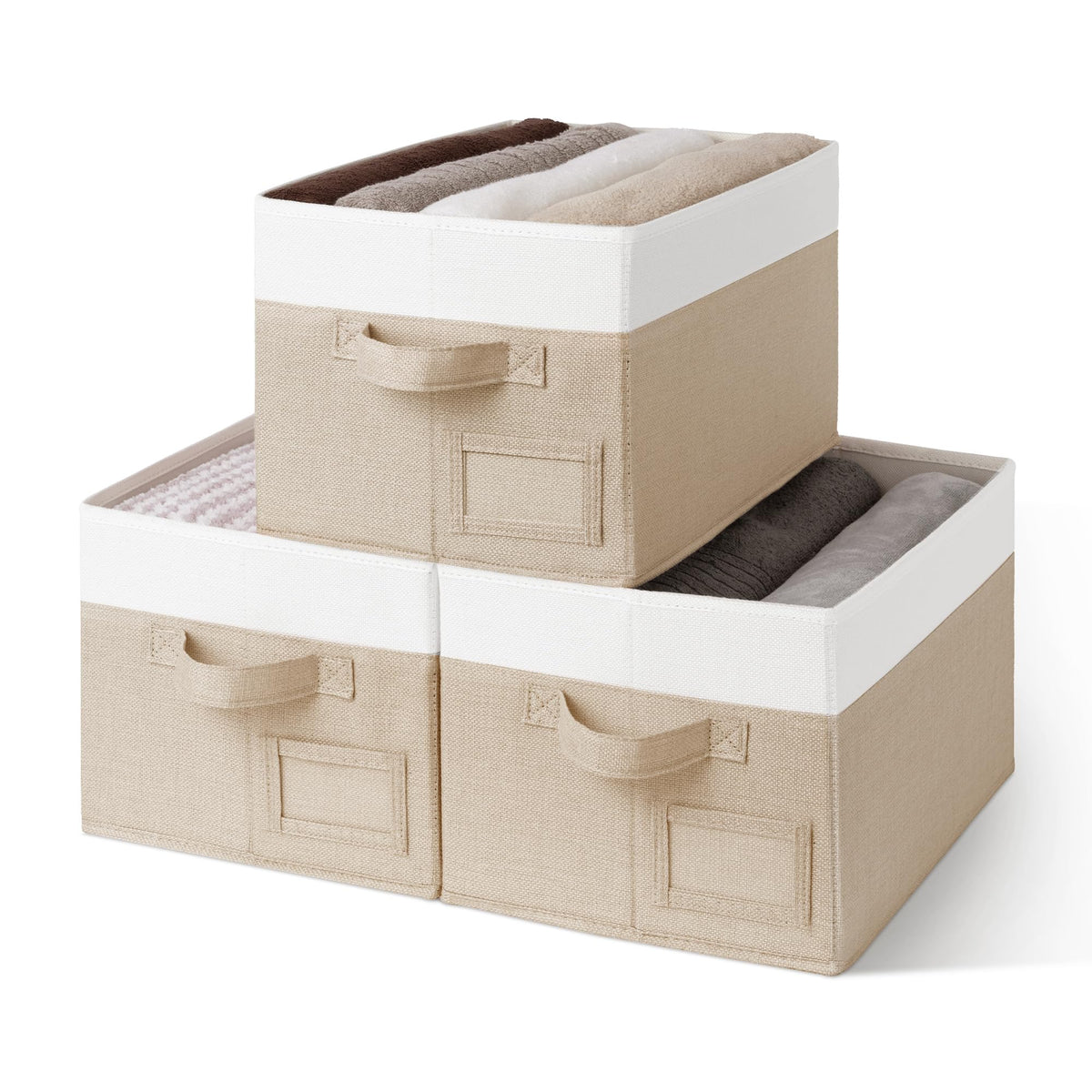 GRANNY SAYS Closet Shelf Baskets with Label, Khaki&Ivory, Large, 3-Pack