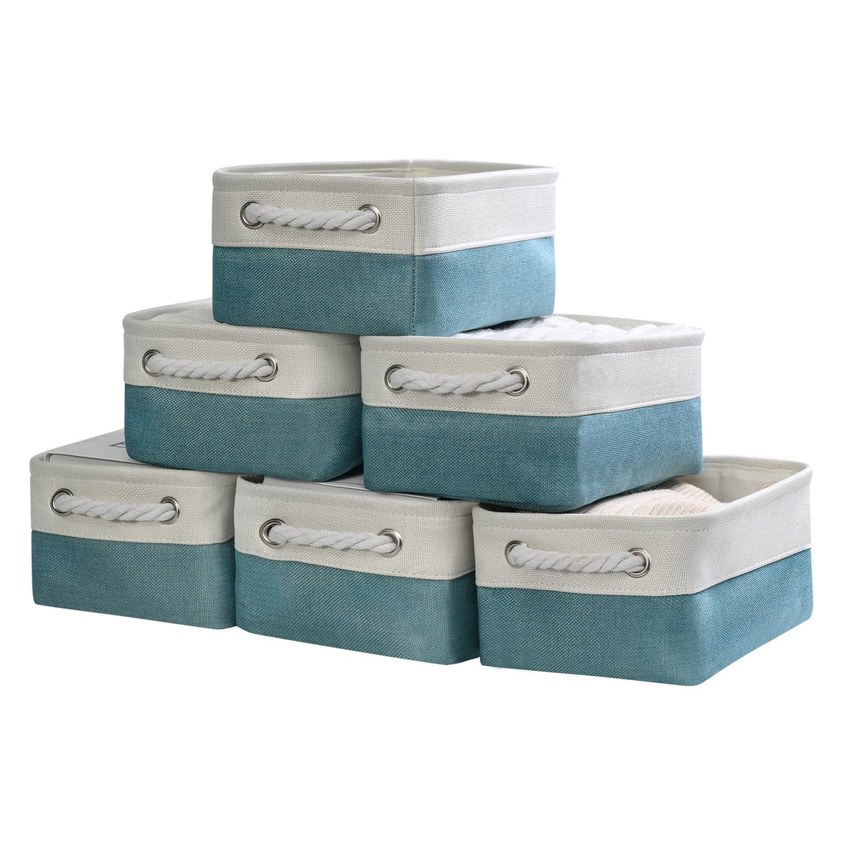 TheWarmHome Storage Basket for Organizing - 14x10x7 inch Medium 3 Pack Collapsible Storage Bin for Shelves with Handles, Canves Storage Box for Organizer Cubes Cloth Gift Toy Closet (White & Khaki)