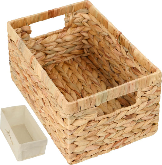 Wicker Shelf Storage Baskets for Organizing - Natural Water Hyacinth Woven Basket Organizers & Storage for Shelves w/Handles & Cotton Liner for Home & Pantry Decor Organization, 12.5” x 8” x 6.5”