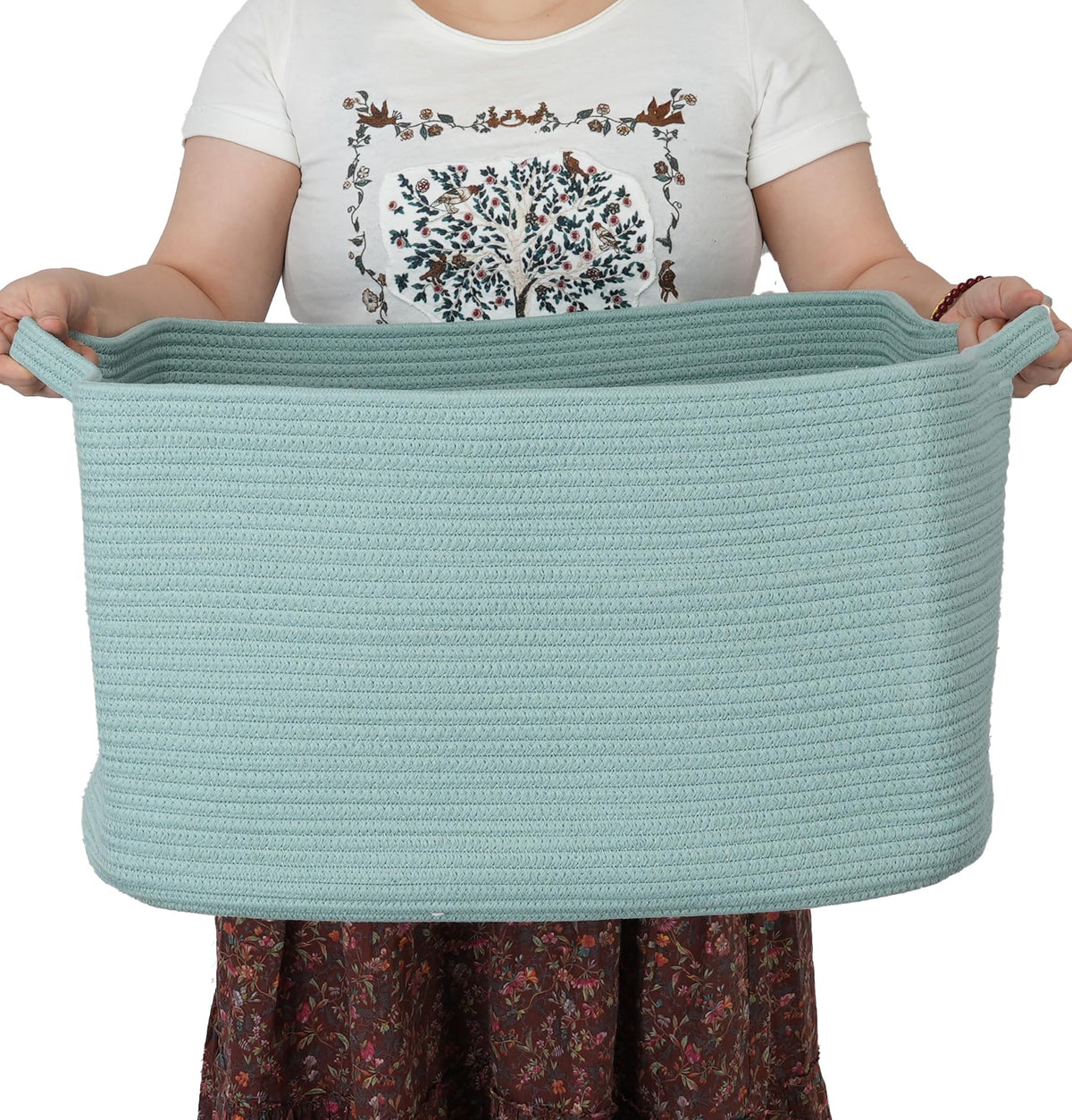 XUANGUO Large Rectangle Woven Cotton Rope Blanket Basket 22"x17"x12" White