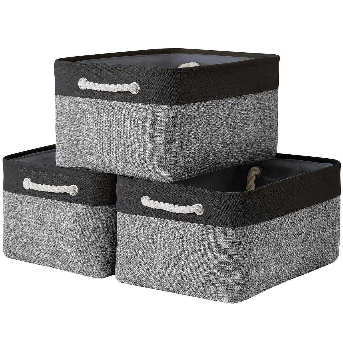 TheWarmHome Storage Basket for Organizing - 14x10x7 inch Medium 3 Pack Collapsible Storage Bin for Shelves with Handles, Canves Storage Box for Organizer Cubes Cloth Gift Toy Closet (White & Khaki)