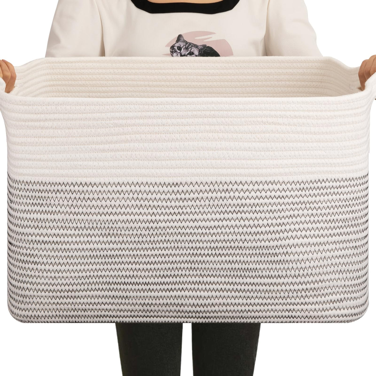 OIAHOMY Extra Large Blanket Basket, 110L Cotton Rope Woven Laundry Basket, Toy Bin for Baby Room, Container for Blanket Storage in Living Room, 24.8''×17.3''×15.8'', Gradient Grey