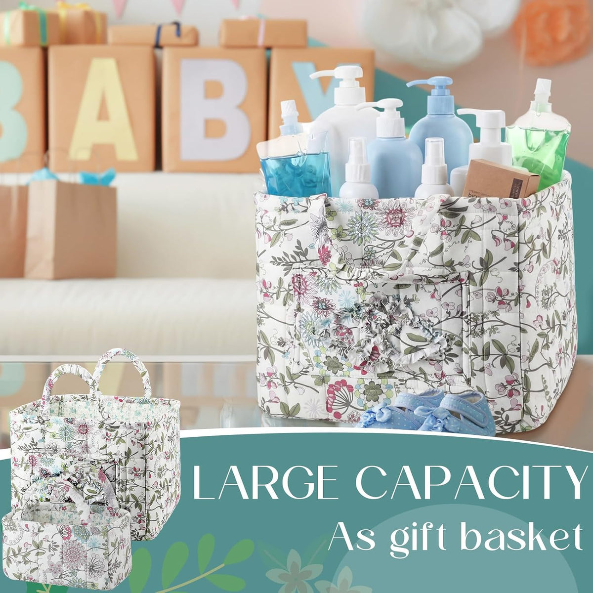 2 Pcs Quilted Fabric Storage Basket with Handles Large Capacity Laundry Basket Boho Foldable Floral Laundry Organizer Bin for Home Picnic Shopping Travel