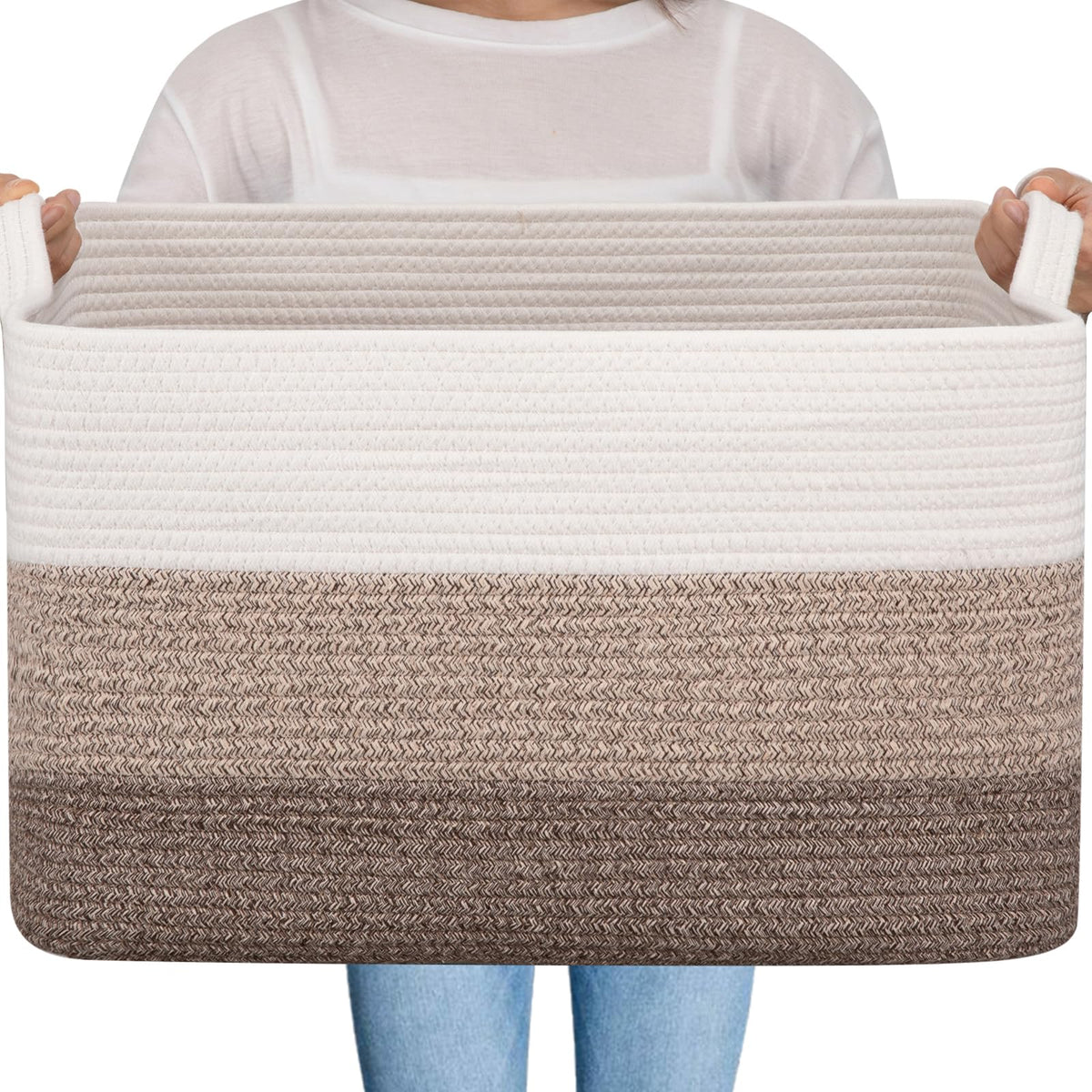 OIAHOMY Extra Large Blanket Basket, 110L Cotton Rope Woven Laundry Basket, Toy Bin for Baby Room, Container for Blanket Storage in Living Room, 24.8''×17.3''×15.8'', Gradient Grey