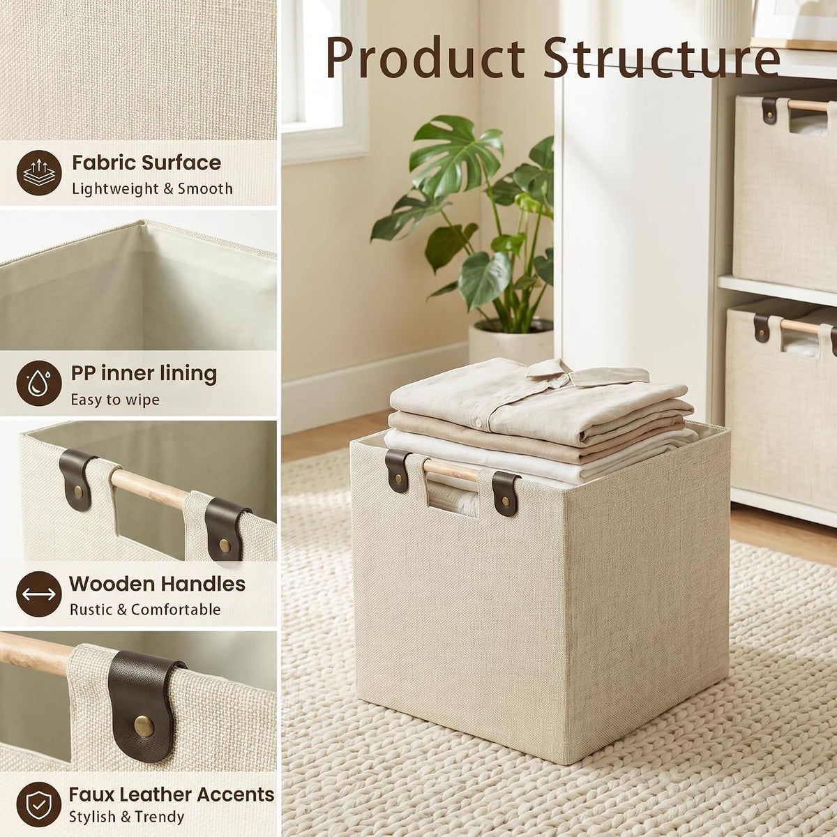 11 Inches Foldable Cube Storage Baskets for Organizing, Beige, 2 Pack