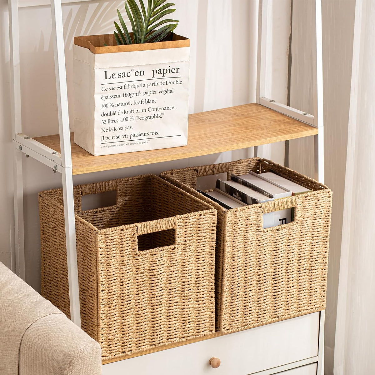 Foldable Storage Baskets with Handles Paper Rope Storage Baskets Rectangle Collapsible Hand Woven Storage Cubes Bins for Organizing Shelves Living Room Bedroom Pantry (4, 11'' x 11'' x 11'')