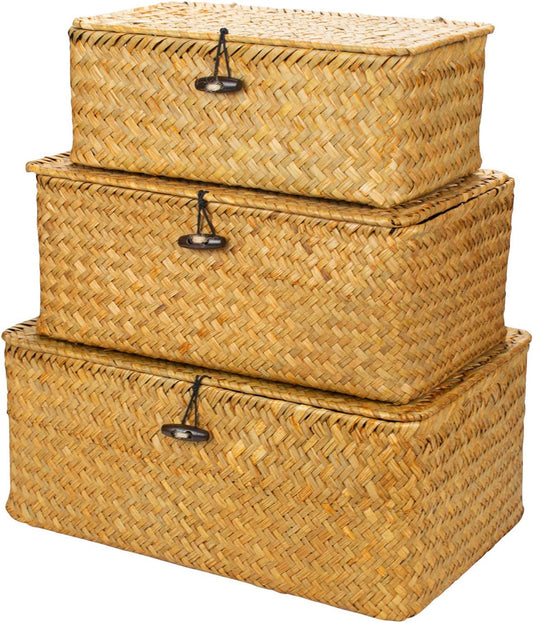 Yesland Small Shelf Baskets with Lid Set of 3, Compact Handwoven Seagrass Storage Bins Rectangular Wicker Basket for Shelf Organizer, Closet, Desktop