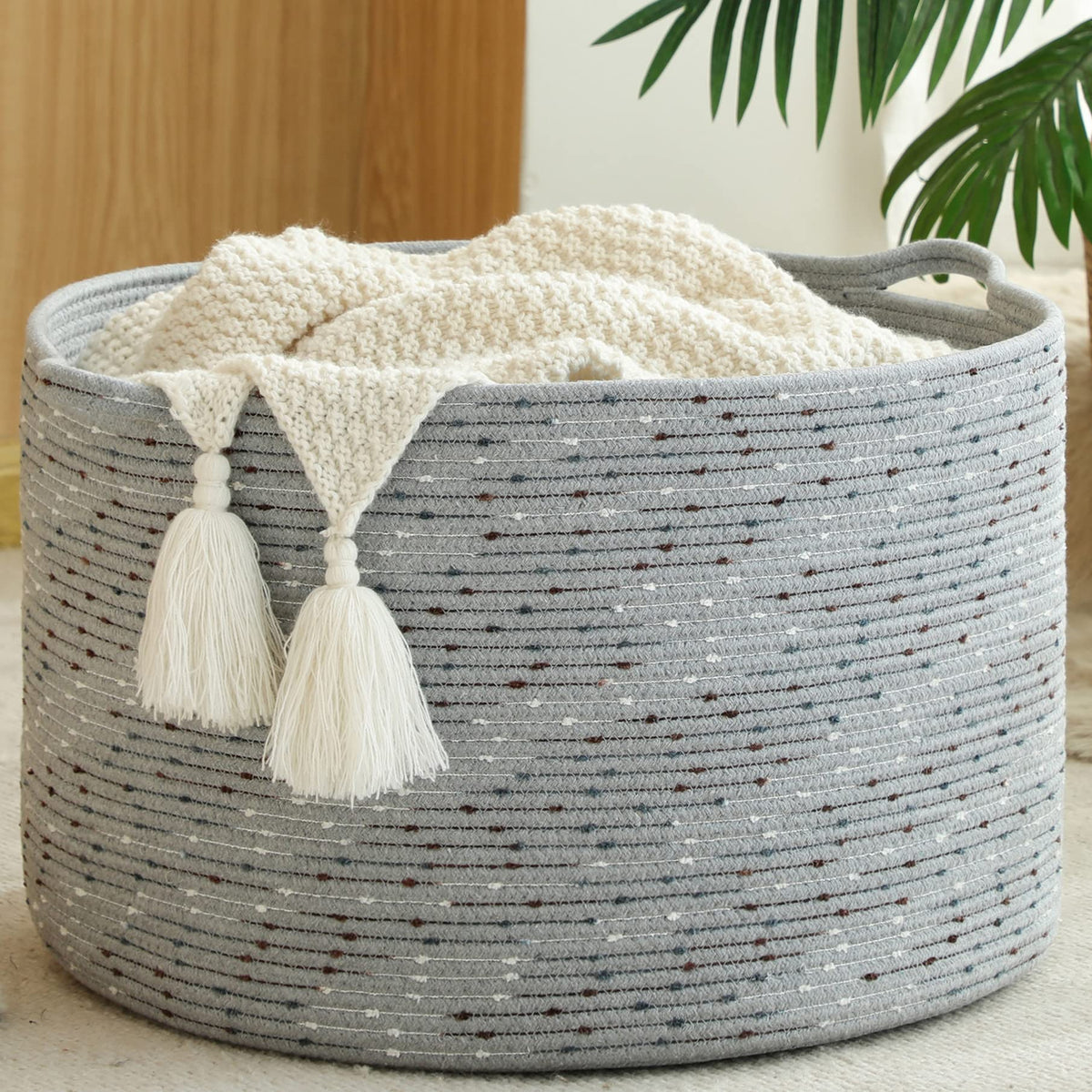 KAKAMAY Large Blanket Basket with Handles, Storage Basket for Living Room