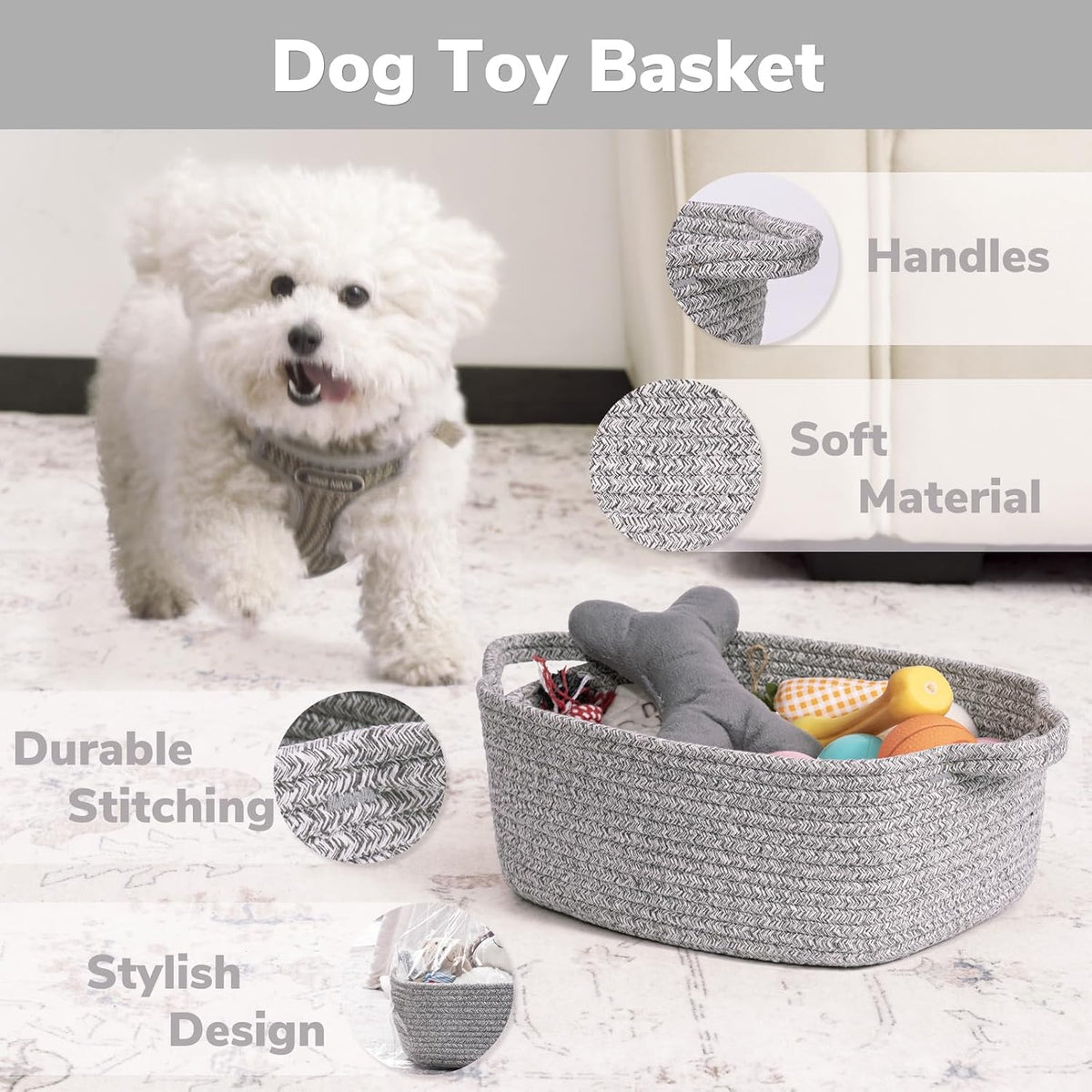 CHICVITA Small Woven Rope Gift Basket, Decorative Boo Basket, Grey