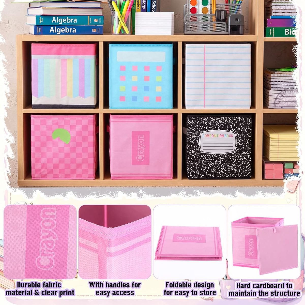 Kathfly 6 Pcs 11" Fabric Classroom Storage Bins Cubby Baskets, Pastel