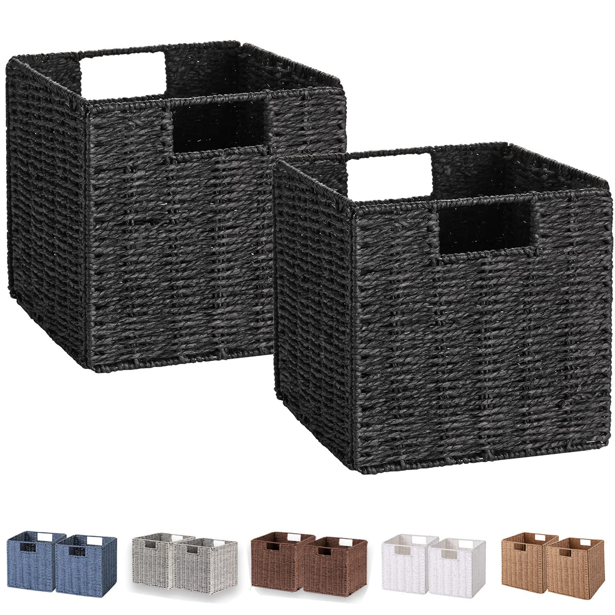 Vagusicc Wicker Basket, Set of 2 Hand-Woven Paper Rope Storage Baskets for Organizing, Foldable Cubby Storage Bins, 11 Inch Large Wicker Storage Basket, Square Baskets Cube Storage Organizer, Brown
