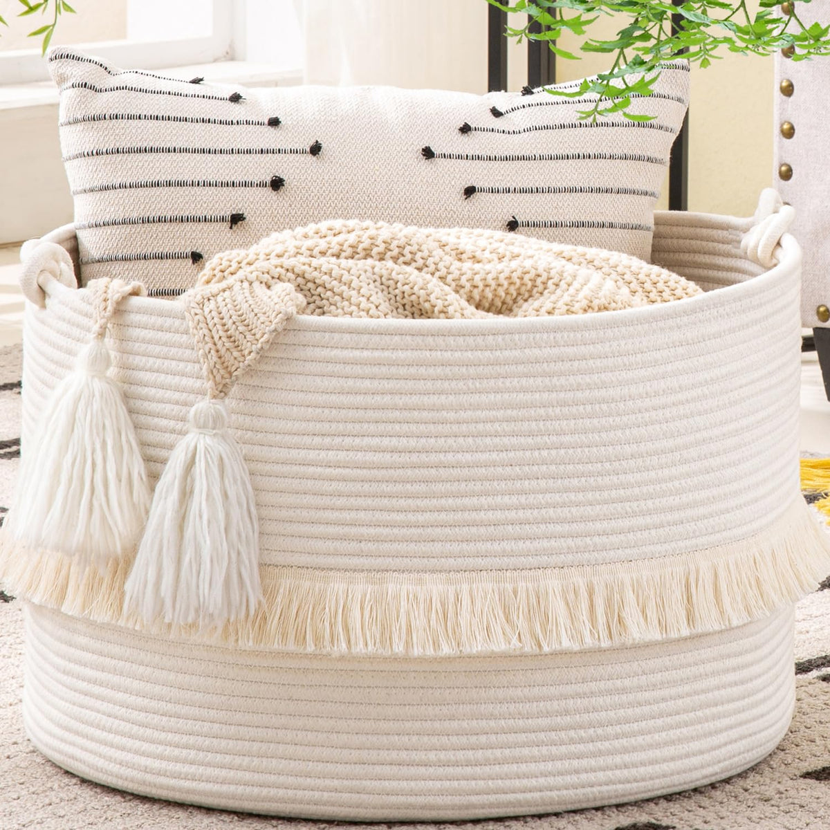 KAKAMAY Large Blanket Basket with Handles, Storage Basket for Living Room