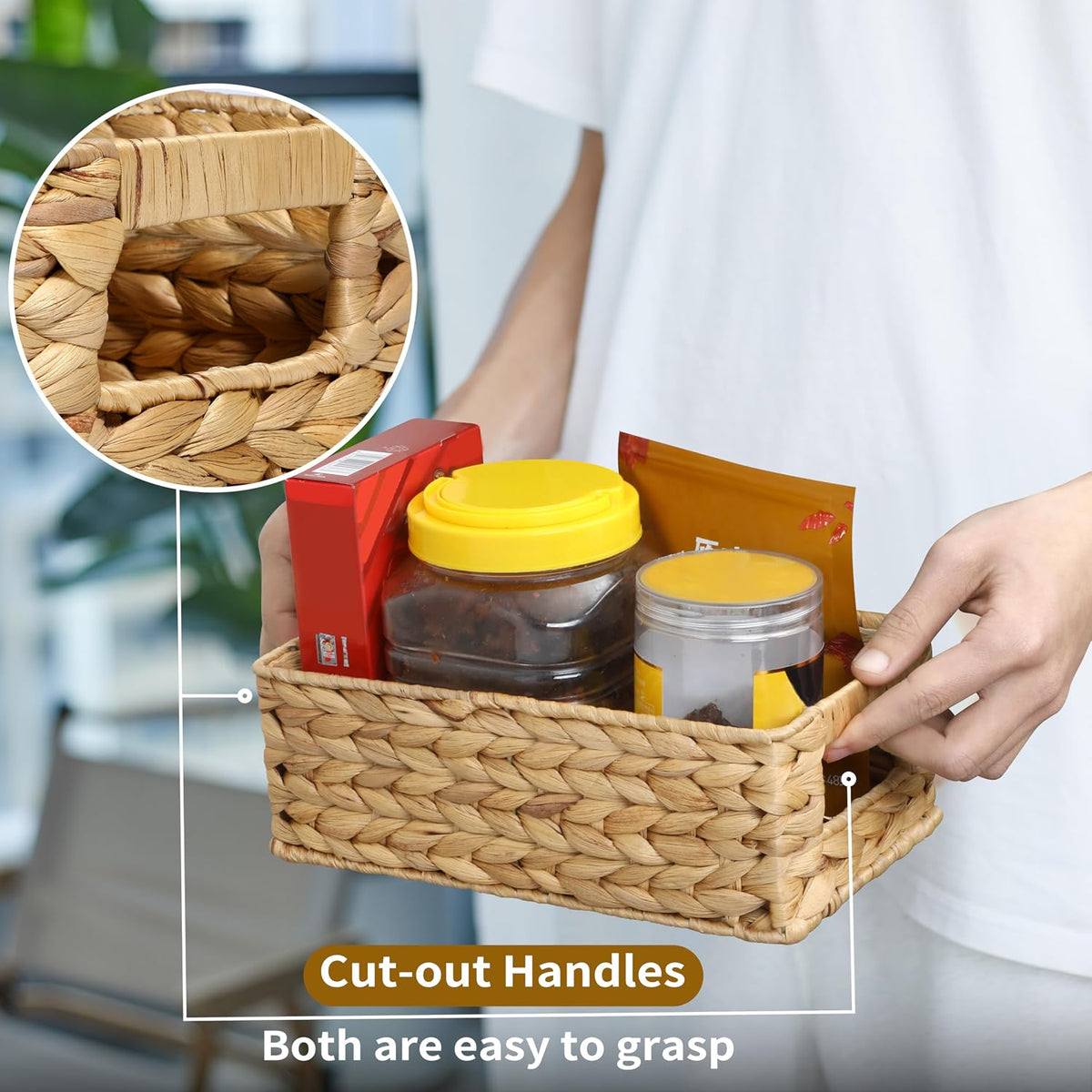 4 Small 3.6 QT Water Hyacinth Wicker Baskets for Shelves, 10" Long Woven Pantry Organizers and Storage Basket, Decorative Ratten Shallow Rectangle Baskets for Organizing Countertop Bathroom