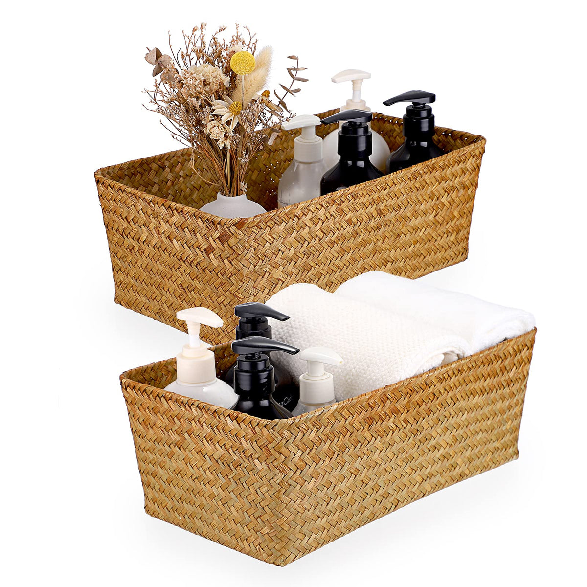 3 Natural Wicker Basket Set Rectangular Seagrass Basket, Caramel