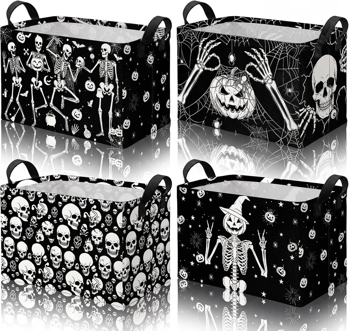 4 Pcs Halloween Storage Basket for Gifts Large Spooky Skeleton Storage Bins with Handles 15 x 10 x 8 Fabric Laundry Baskets Halloween Skull Collapsible Organizer Boxes for Home Cloth Toys Book