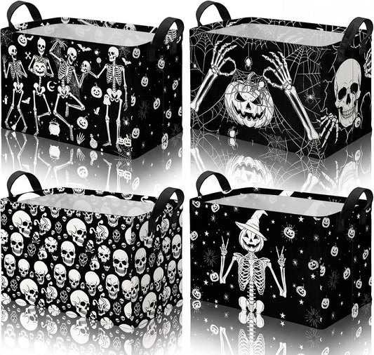 4 Pcs Halloween Storage Basket for Gifts Large Spooky Skeleton Storage Bins with Handles 15 x 10 x 8 Fabric Laundry Baskets Halloween Skull Collapsible Organizer Boxes for Home Cloth Toys Book