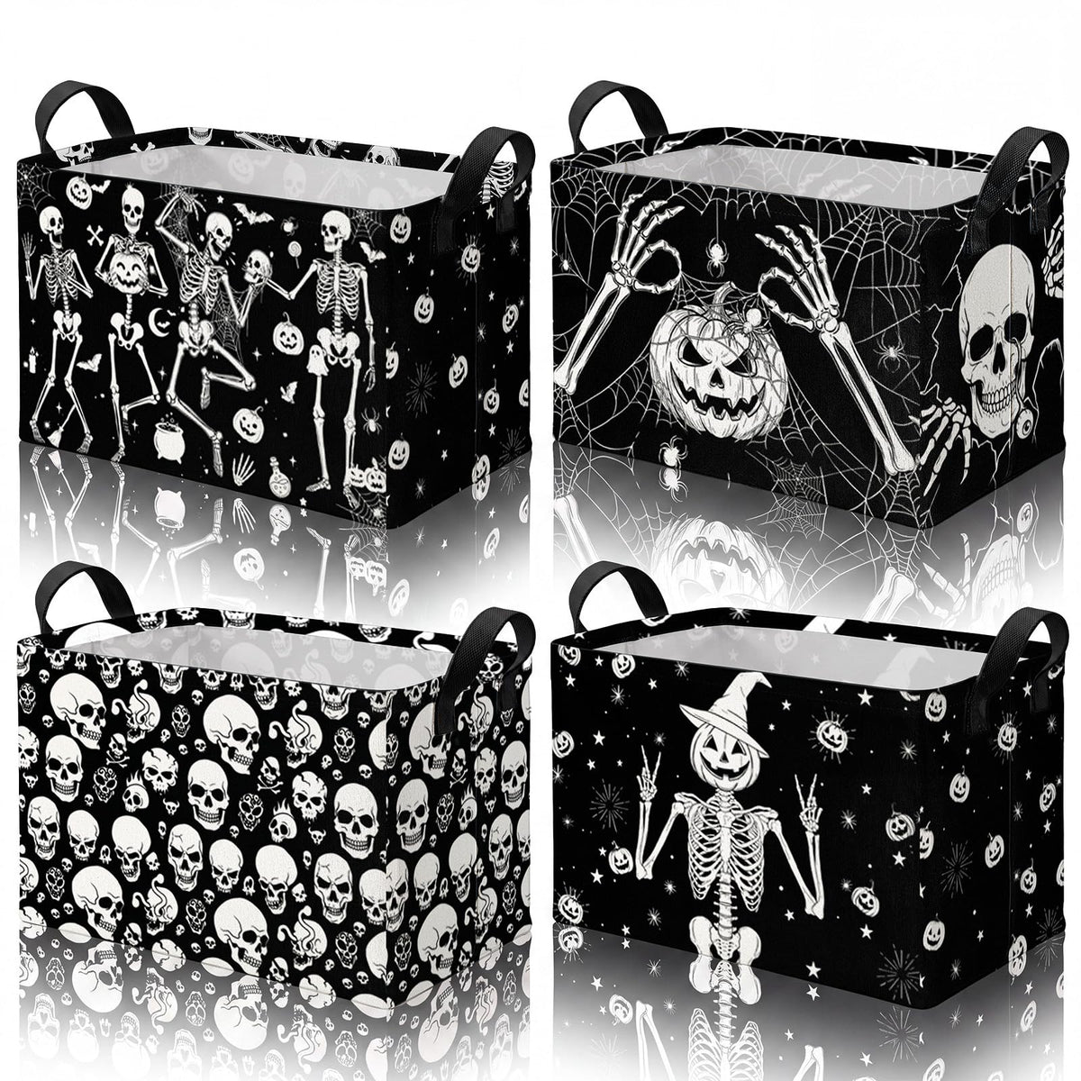 4 Pcs Halloween Storage Basket for Gifts Large Spooky Skeleton Storage Bins with Handles 15 x 10 x 8 Fabric Laundry Baskets Halloween Skull Collapsible Organizer Boxes for Home Cloth Toys Book