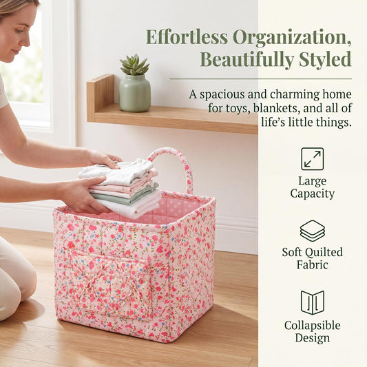 Quilted Laundry Basket with Handles—Multifunctional Fabric Storage Basket, Bohemian-Style Fabric Storage Basket with Handles, Suitable for Home, Picnics, the Office, and the Nursery (Red floral print)