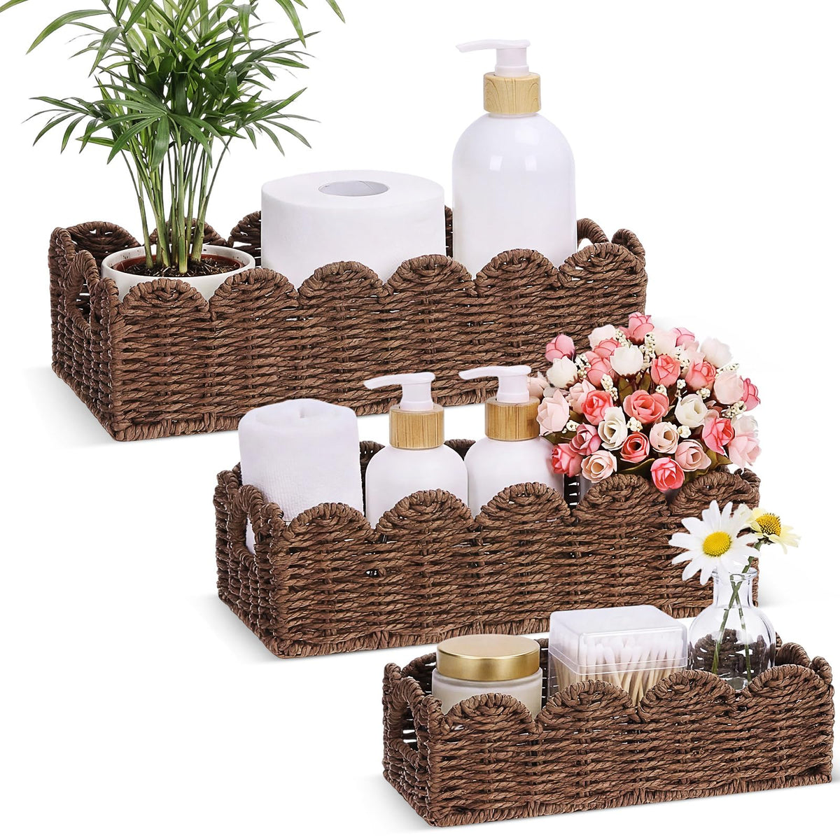 Boao 3 Pcs Boho Storage Wicker Baskets Handmade Woven Decorative Paper Rope Baskets for Organizing with Handle Countertop Toilet Paper Storage Container for Toilet Tank Top