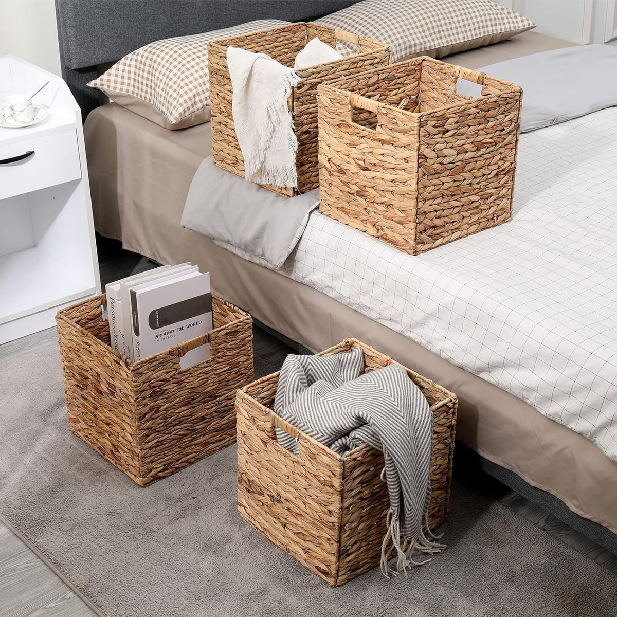 12x12in Storage Baskets 4 Pcs Water Hyacinth Basket,Foldable Storage Cubes