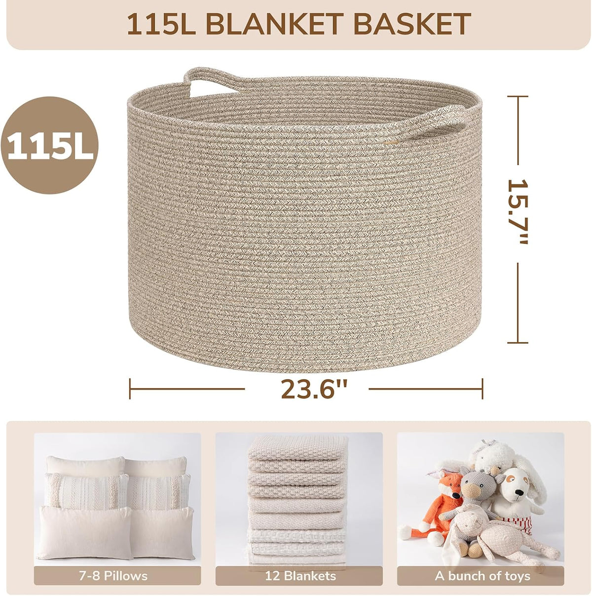 INDRESSME 115L Extra Large Woven Wicker Blanket Basket Living Room