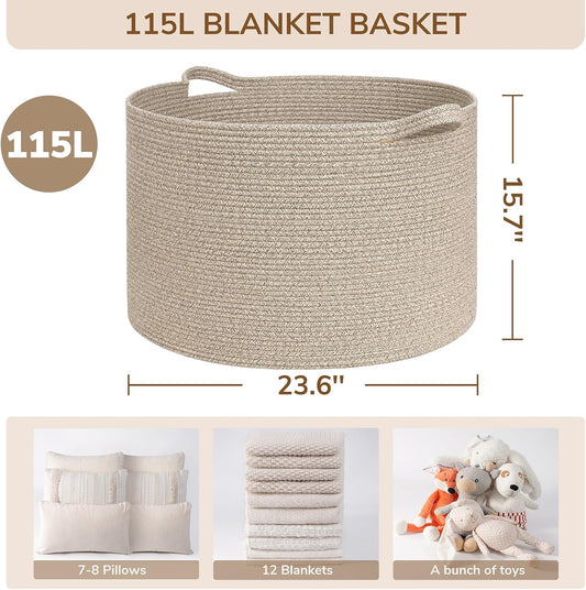 INDRESSME 115L Extra Large Woven Wicker Blanket Basket Living Room