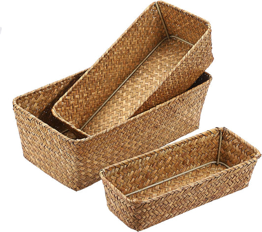 3 Natural Wicker Basket Set Rectangular Seagrass Basket, Caramel