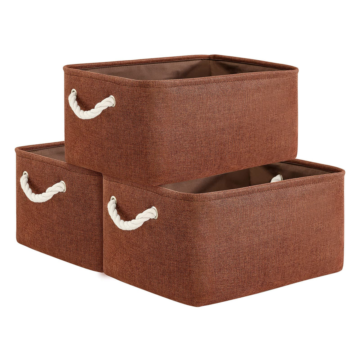 TheWarmHome Storage Basket for Organizing - 14x10x7 inch Medium 3 Pack Collapsible Storage Bin for Shelves with Handles, Canves Storage Box for Organizer Cubes Cloth Gift Toy Closet (White & Khaki)
