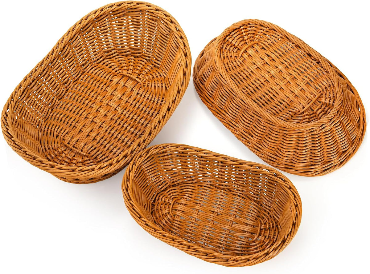 Yarlung 3 Pack Small Woven Breads Baskets, Oval Fruit Baskets Stackable Plastic Wicker Basket for Serving Vegetables, Kitchen, Restaurant, Outdoor, Imitation Rattan Brown, 3 Sizes