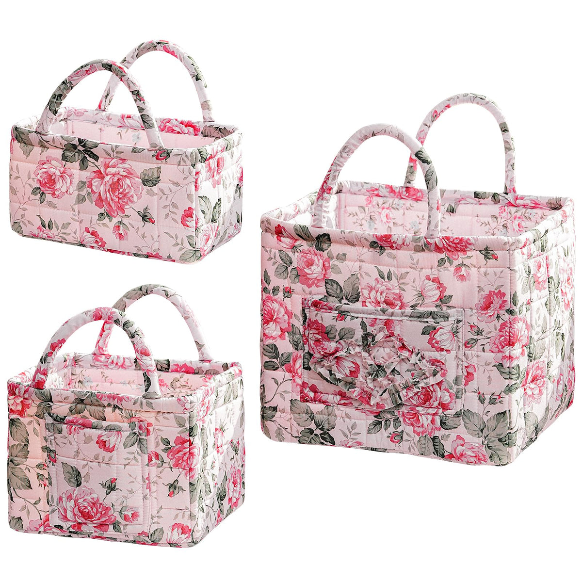 vctops 3 Packs Boho Quilted Storage Basket for Organizing, Floral Basket Organizer Gift Baskets with Handles, Storage Bins for Toys, Books, Towels, and Clothes, Collapsible Fabric(Pattern C)