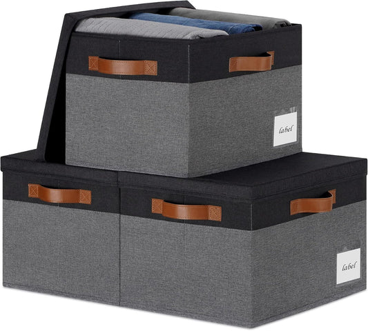 Large Storage Bins with Lids, Foldable Fabric Storage Baskets with Lids, Sturdy Storage Boxes with Labels and 3 PU Handles for Closet Home Bedroom Office (26L, 3 Packs, Grey&Black)
