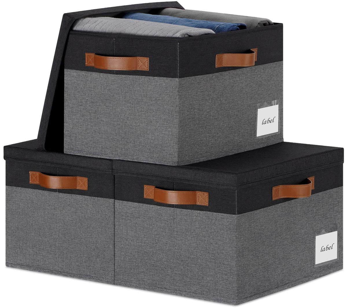Large Storage Bins with Lids, Foldable Fabric Storage Baskets with Lids, Sturdy Storage Boxes with Labels and 3 PU Handles for Closet Home Bedroom Office (26L, 3 Packs, Grey&Black)