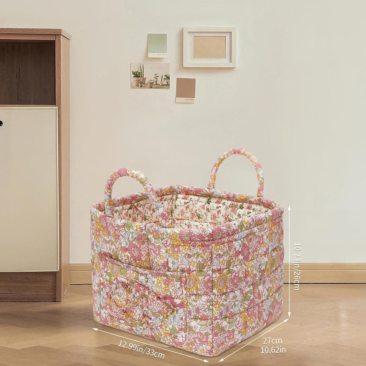 Quilted Fabric Storage Baskets with Handles, Boho Floral Gift Basket Foldable Organizer Bin for Home Decor, Picnic, Travel 12''x10''x10'' (Orange)