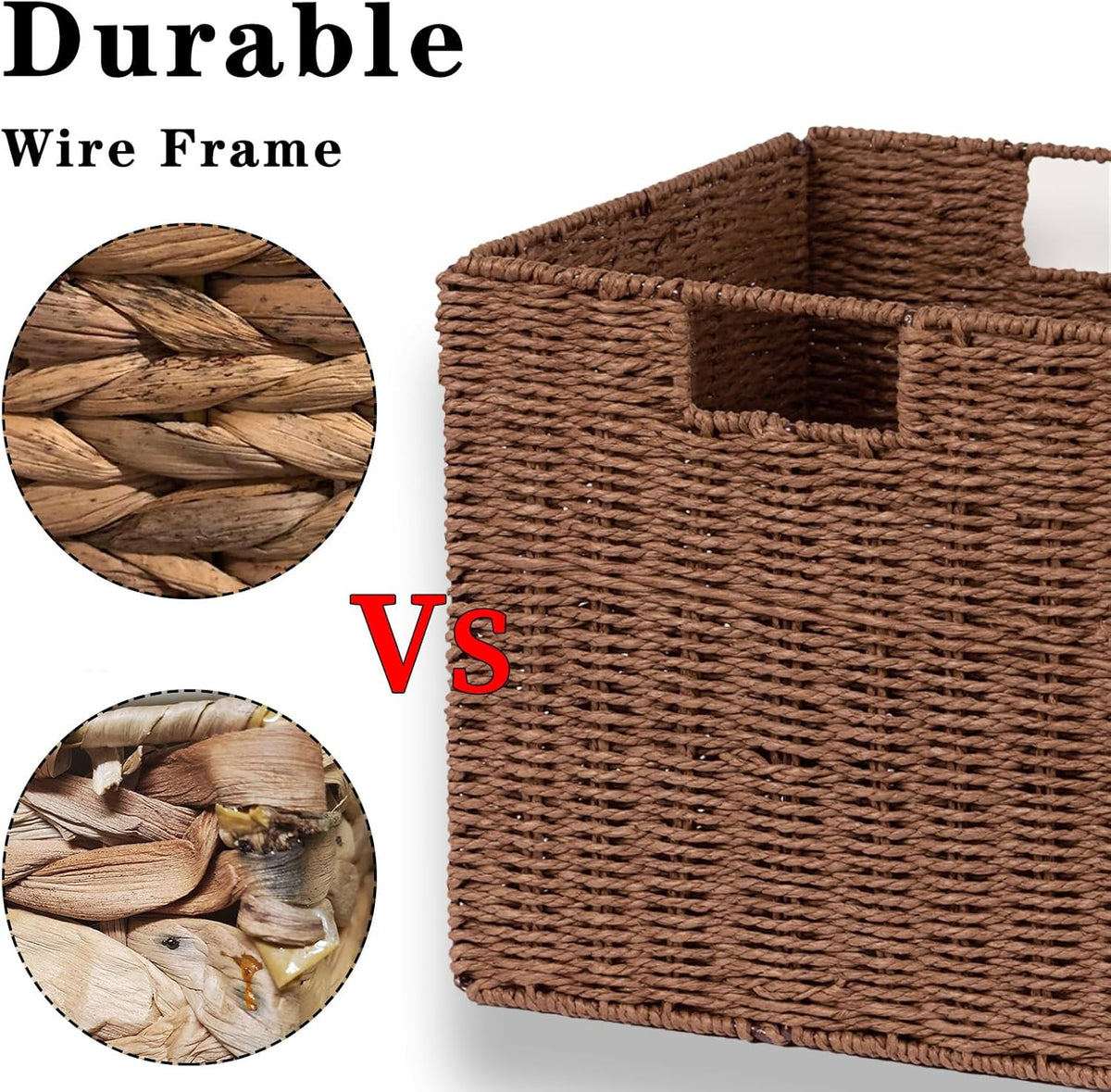 Vagusicc Wicker Basket, Set of 2 Hand-Woven Paper Rope Storage Baskets for Organizing, Foldable Cubby Storage Bins, 11 Inch Large Wicker Storage Basket, Square Baskets Cube Storage Organizer, Brown