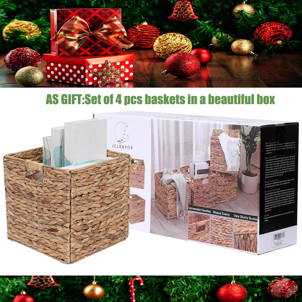 12x12in Storage Baskets 4 Pcs Water Hyacinth Basket,Foldable Storage Cubes