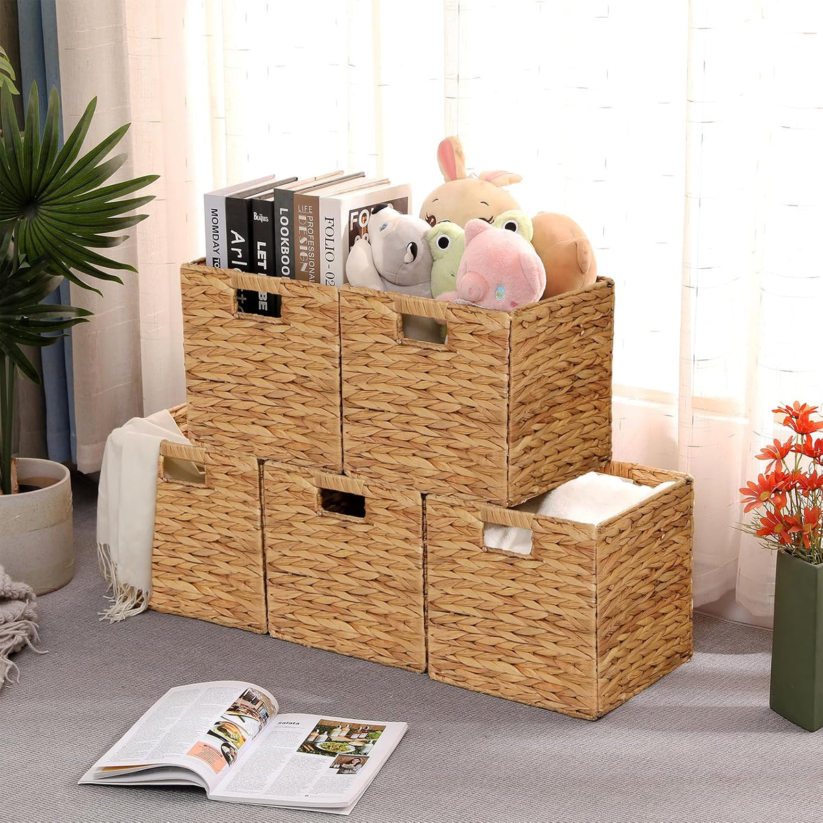 11x11in Wicker Storage Baskets Set of 5 Collapsible Water Hyacinth Basket