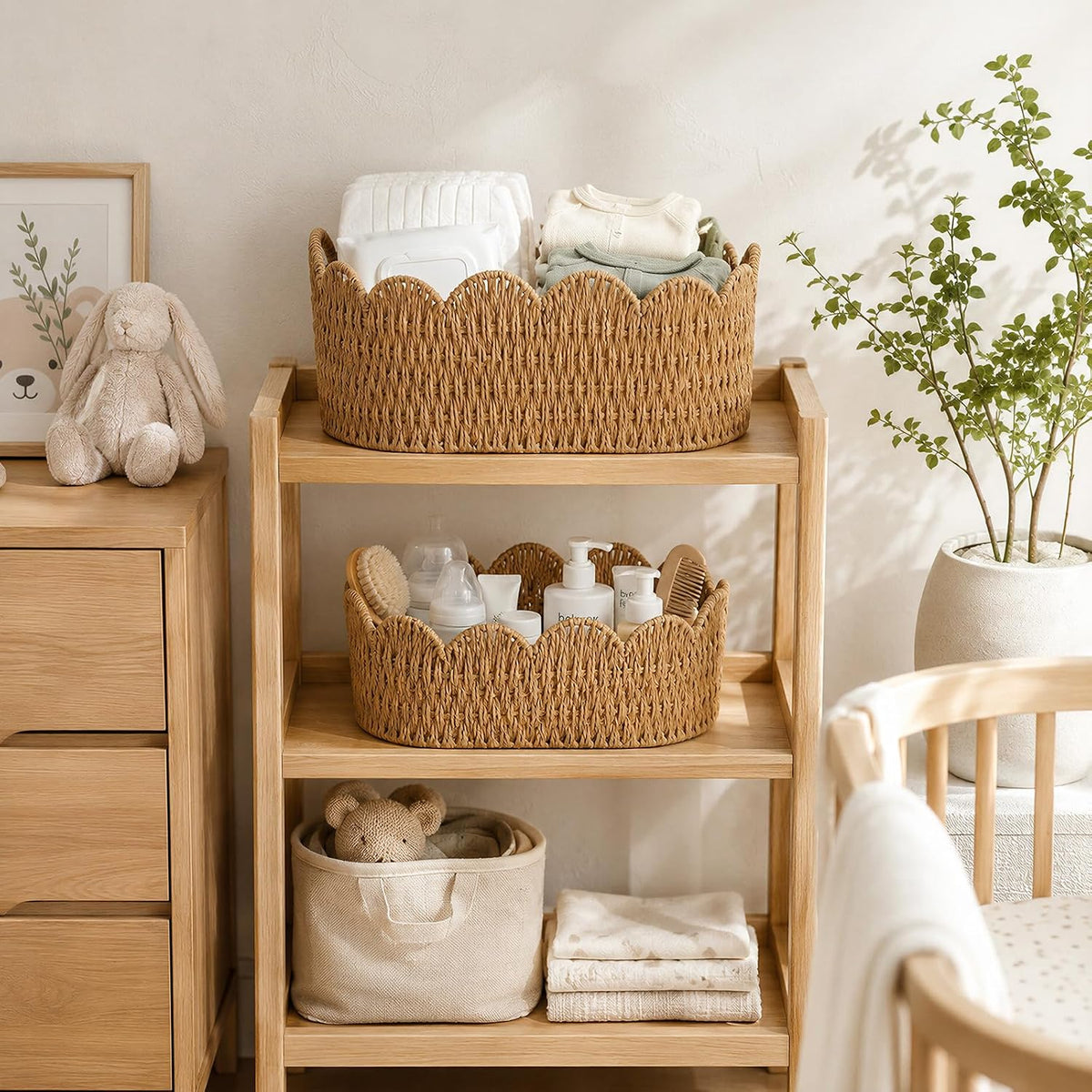 Endymion Set of 2 Paper Rope Scalloped Basket, Wicker Storage Baskets