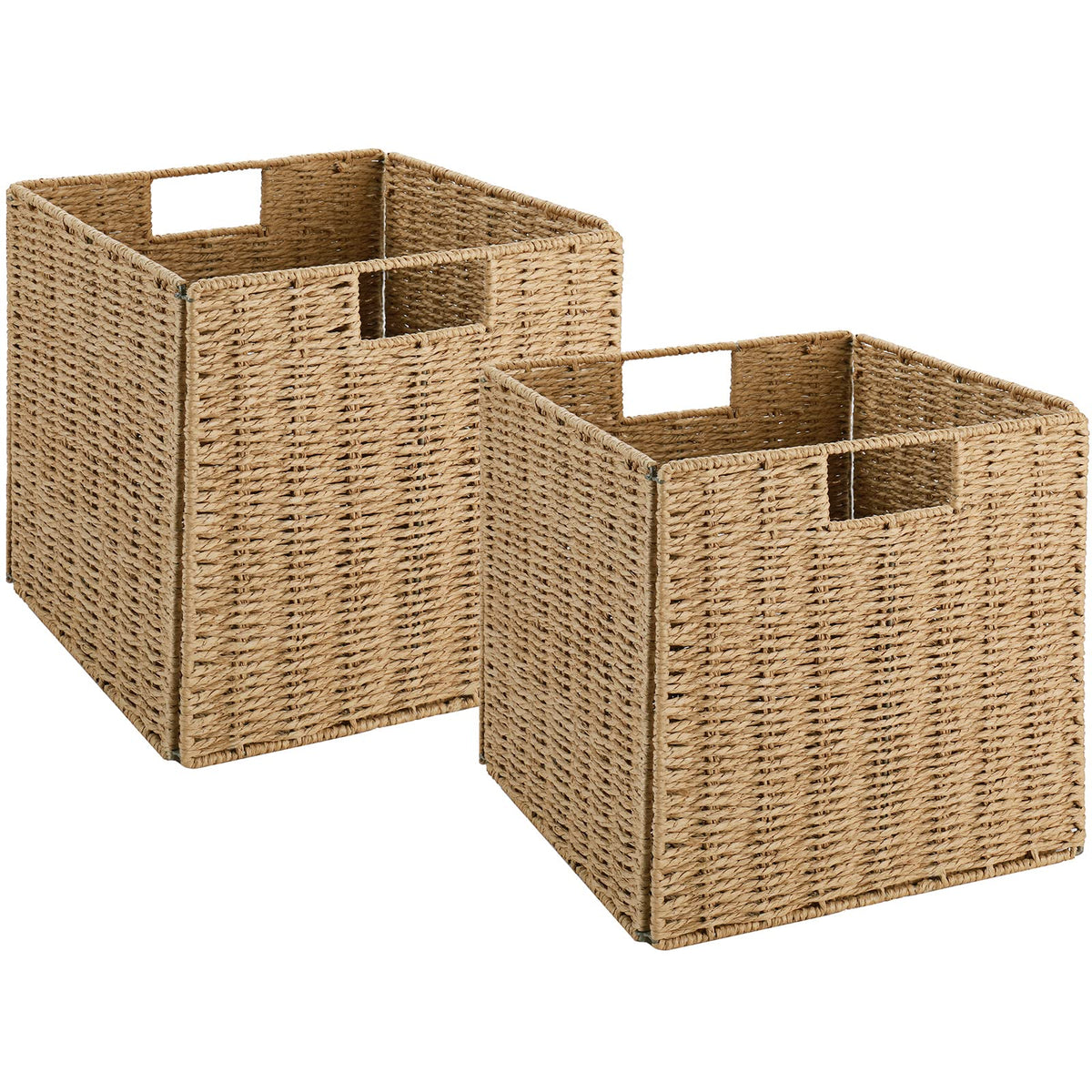 Vagusicc Wicker Basket, Set of 2 Hand-Woven Paper Rope Storage Baskets for Organizing, Foldable Cubby Storage Bins, 11 Inch Large Wicker Storage Basket, Square Baskets Cube Storage Organizer, Brown