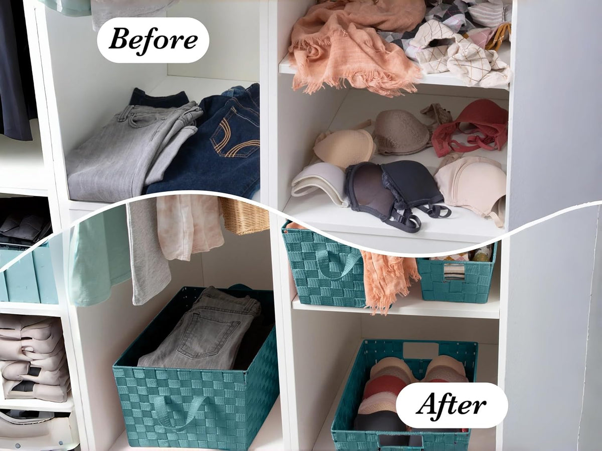 Large Blue Woven Fabric Storage Basket 13x15x10 In with Handles